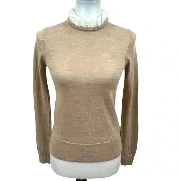 J. Crew Women's Heather Tan Merino Wool Lightweight Knit Antique Lace Collar Lon - Picture 1 of 12
